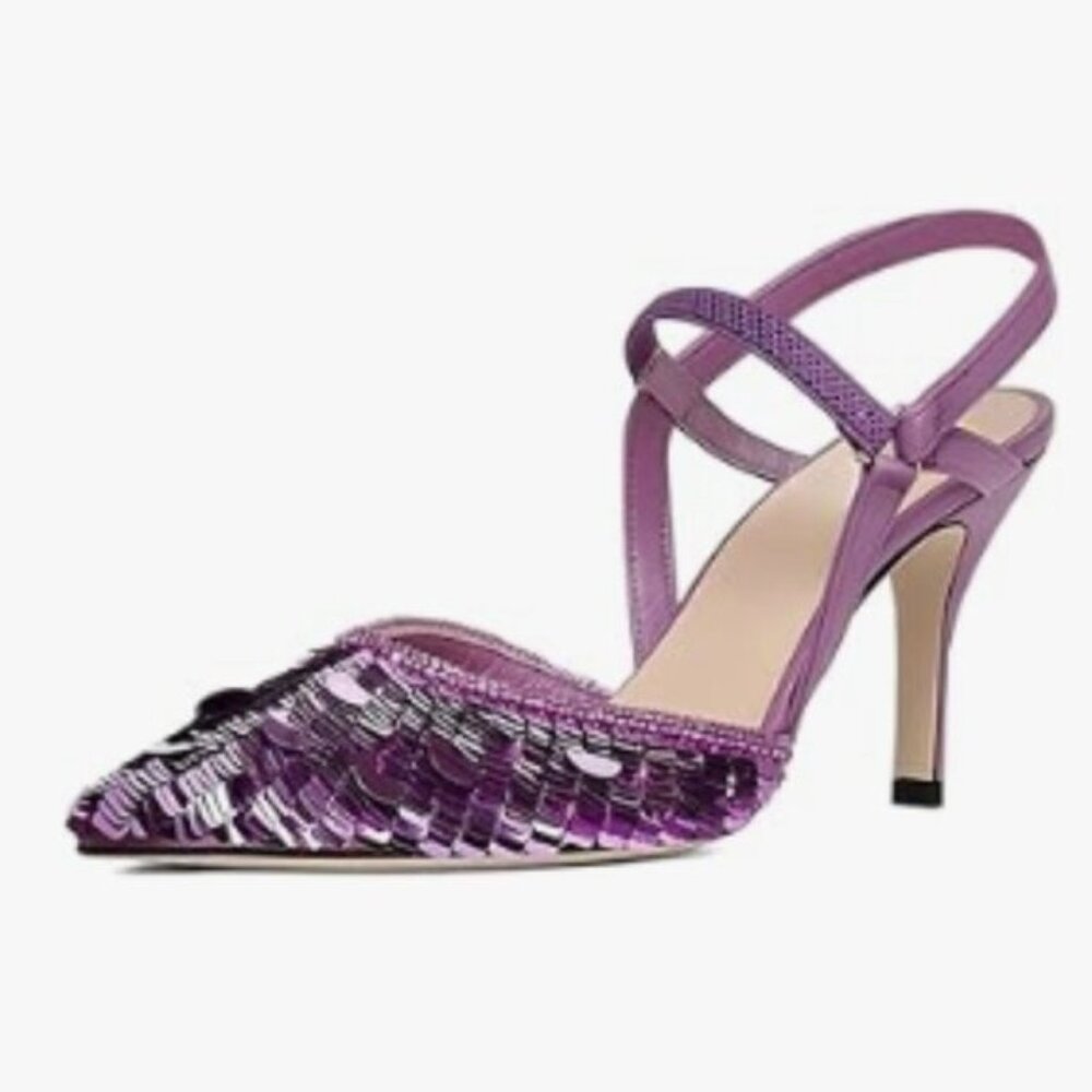 XYD Purple Sequins Ankle Strappy Pointed Toe Sparkle Slingback High Heels Shoes